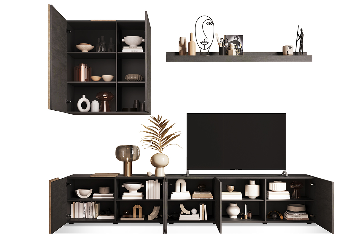 Parete attrezzata moderna, 6 ante battenti, finitura Titanio e Kadiz