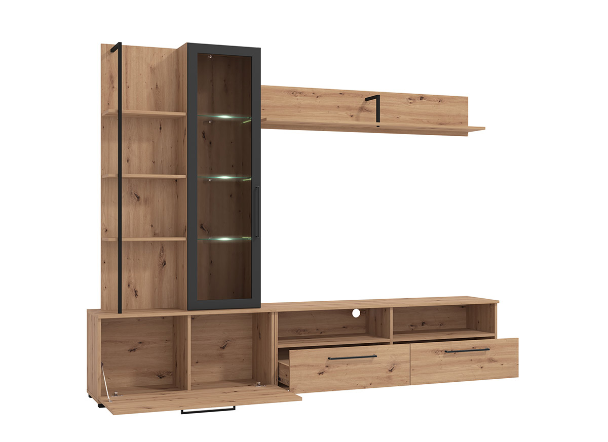 Parete con base tv vetrina e mensole finitura Rovere e Nero