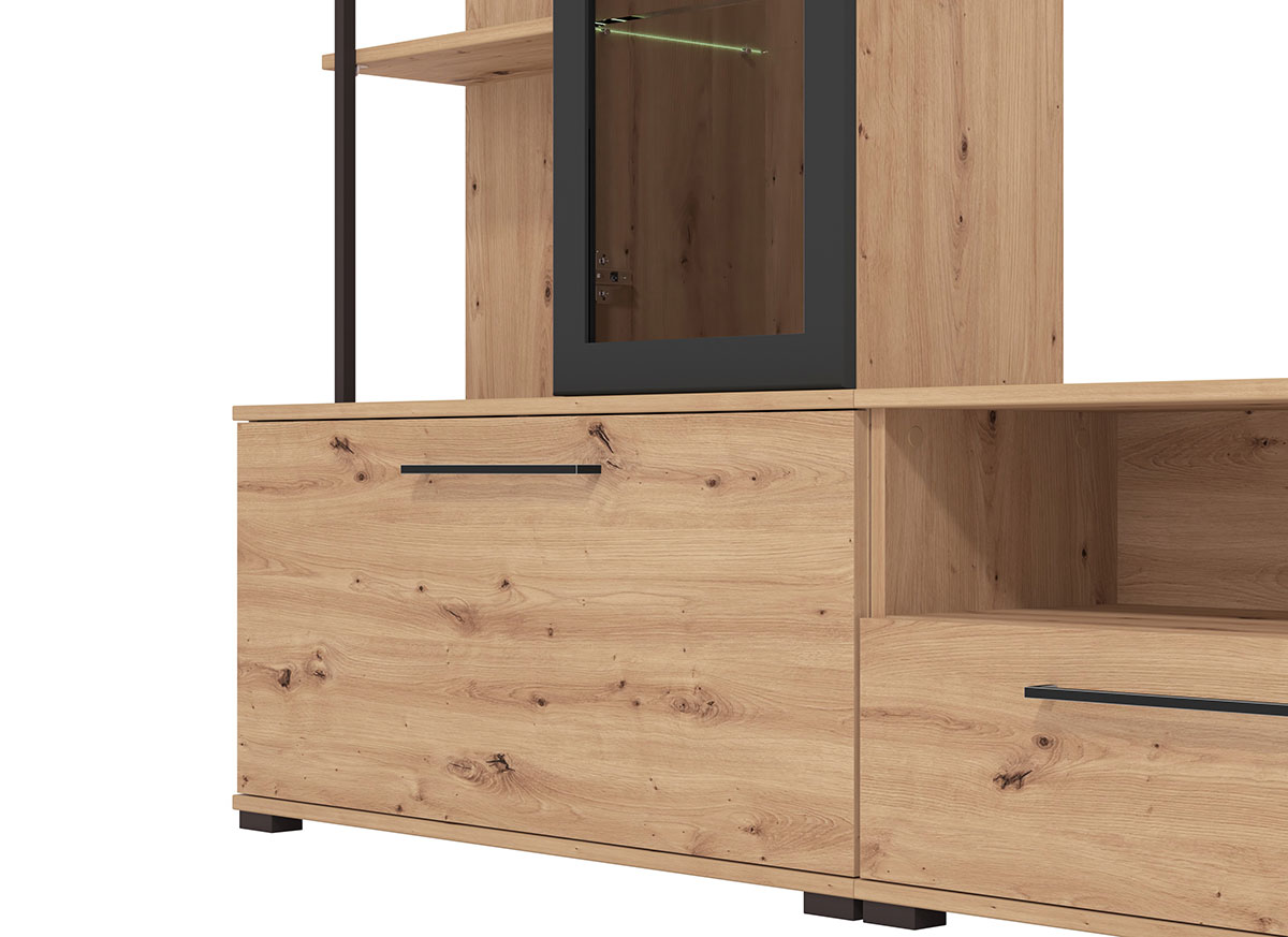 Parete con base tv vetrina e mensole finitura Rovere e Nero