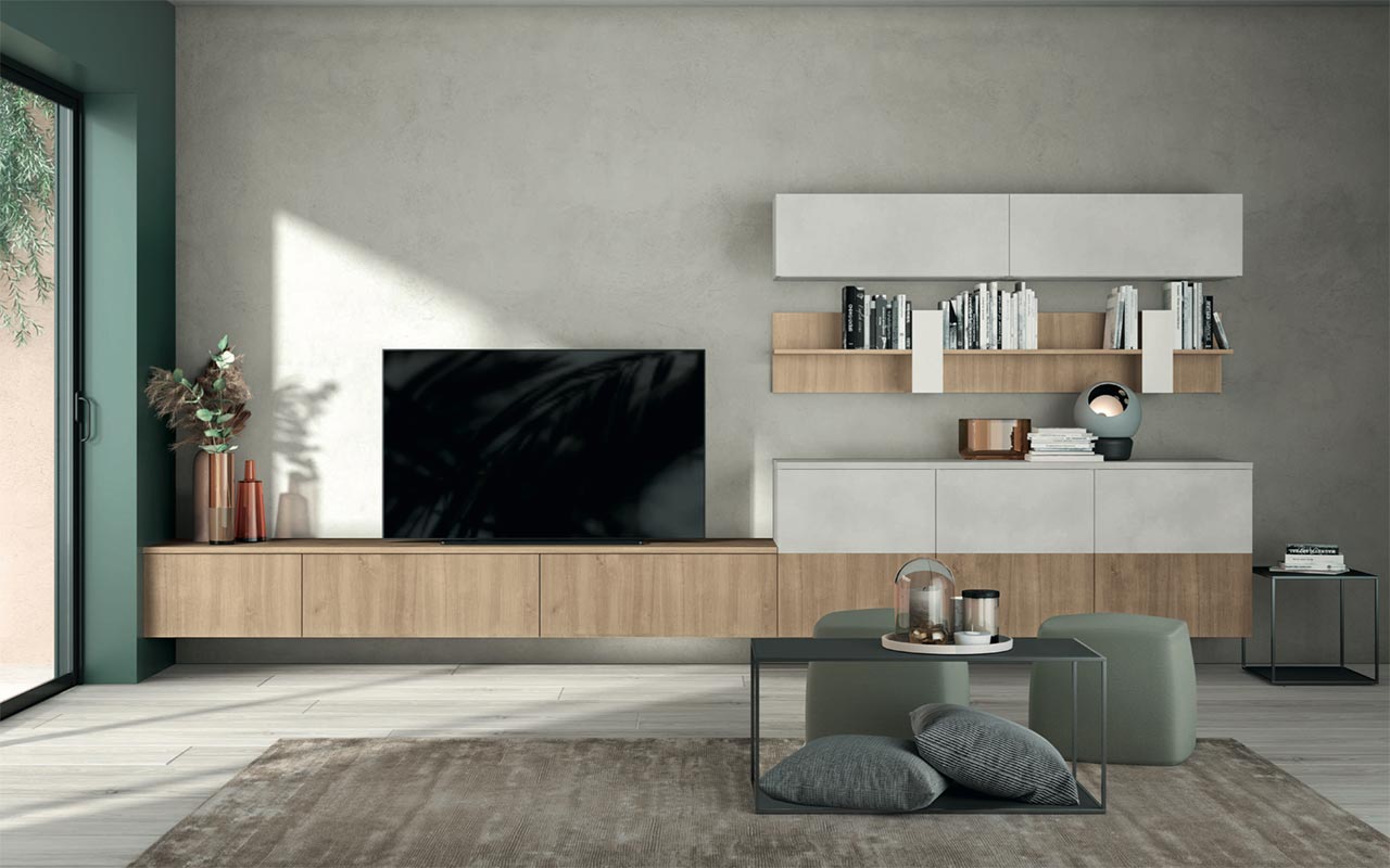 Parete attrezzata con pannelli attrezzati in finitura Royal Oak e Cemento artico 