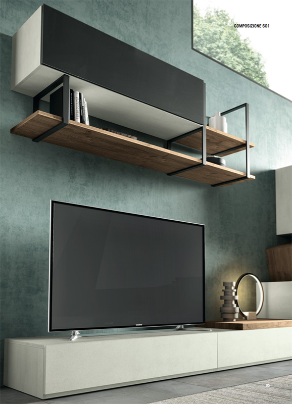 Parete attrezzata Mercurio  in finitura Bianco Calce, Rovere nordico, Vetro marmo white e Vetro antracite