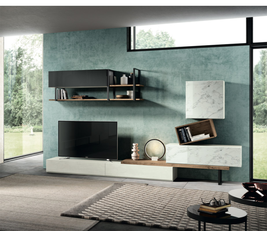 Parete attrezzata Mercurio  in finitura Bianco Calce, Rovere nordico, Vetro marmo white e Vetro antracite