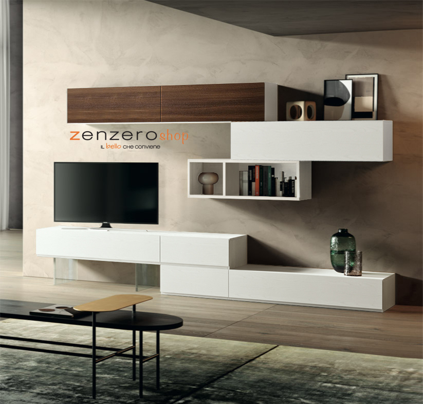 Parete attrezzata Alef  in finitura Frassinato bianco e Quercia brown