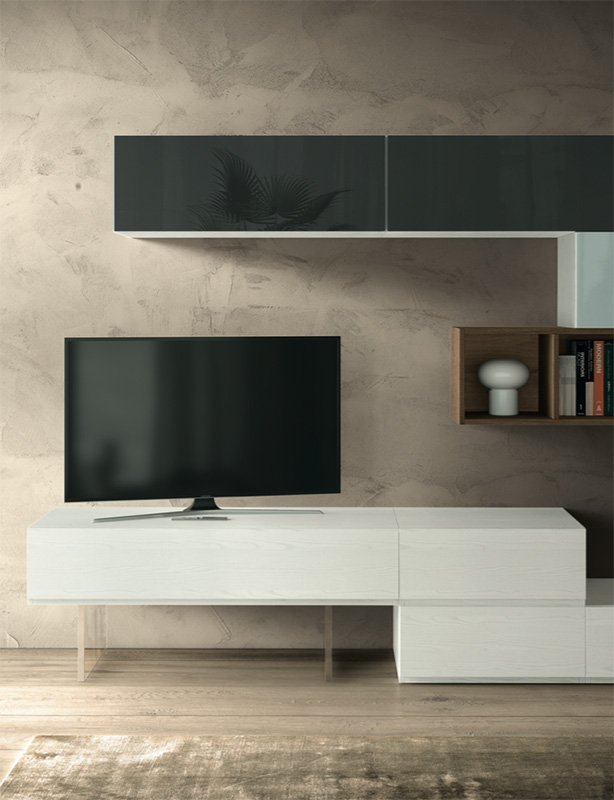 Parete attrezzata Venere  in finitura Frassinato bianco, Rovere nordico, Vetro grigio e Vetro antracite