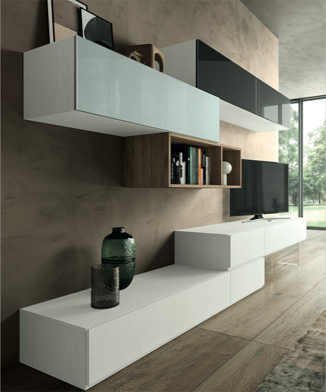 Soggiorno Boomerang con parete e madia  in finitura Frassinato bianco, Rovere nordico, Vetro grigio e Vetro antracite