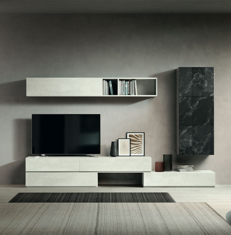 Parete attrezzata Terra in finitura Bianco calce e Vetro marmo dark