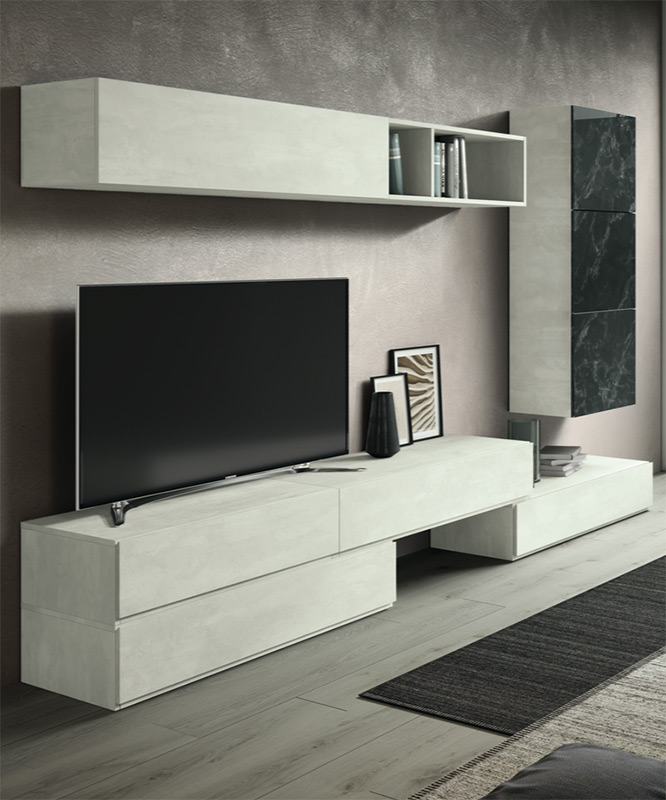 Parete attrezzata Terra in finitura Bianco calce e Vetro marmo dark