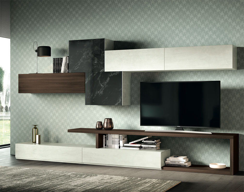 Parete attrezzata Marte in finitura Bianco calce, Quercia brown e Vetro marmo dark