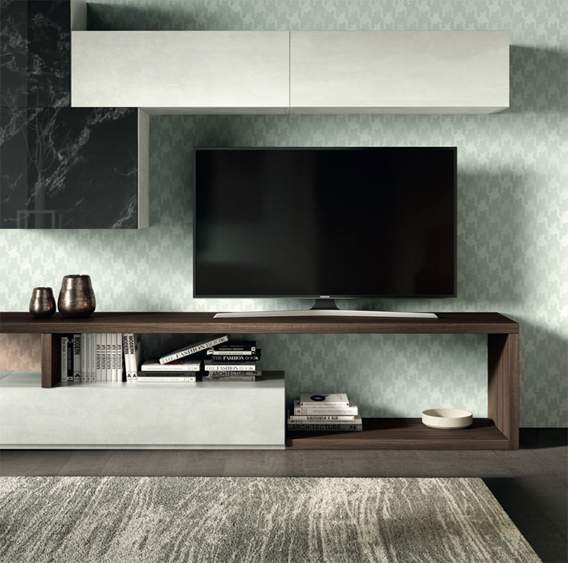 Parete attrezzata Marte in finitura Bianco calce, Quercia brown e Vetro marmo dark