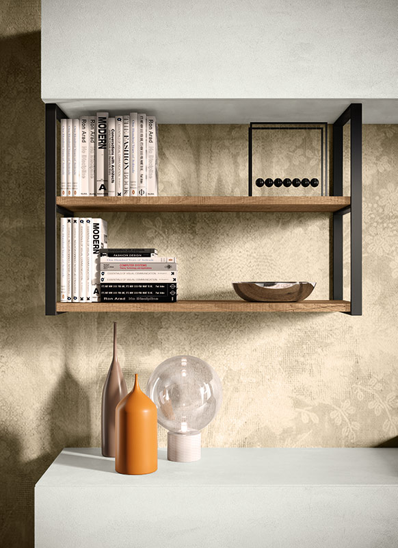 Parete attrezzata Arkas in finitura Frassinato bianco, Quercia brown e Grigio opaco