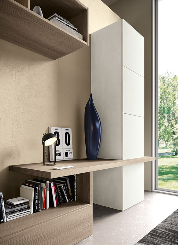 Parete attrezzata Harriot in finitura Bianco frassinato, Rovere nodato e Terra opaco