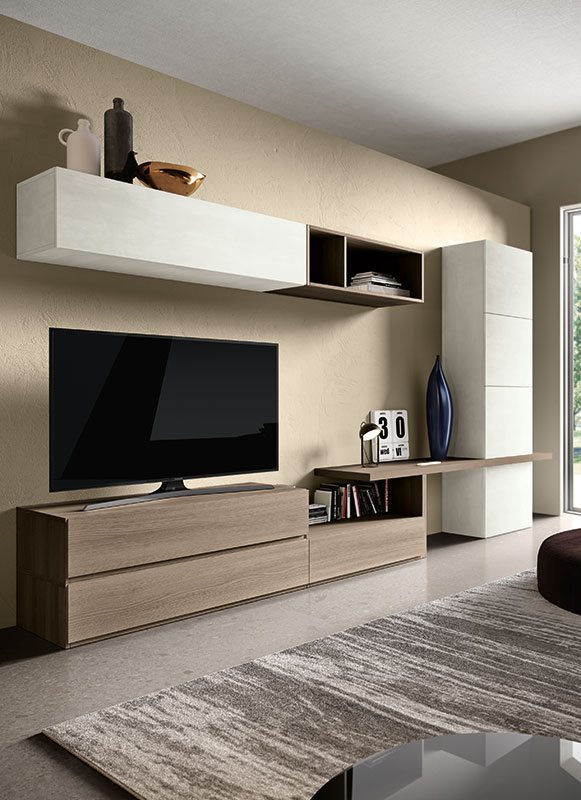 Parete attrezzata Urano in finitura Bianco calce e Olmo