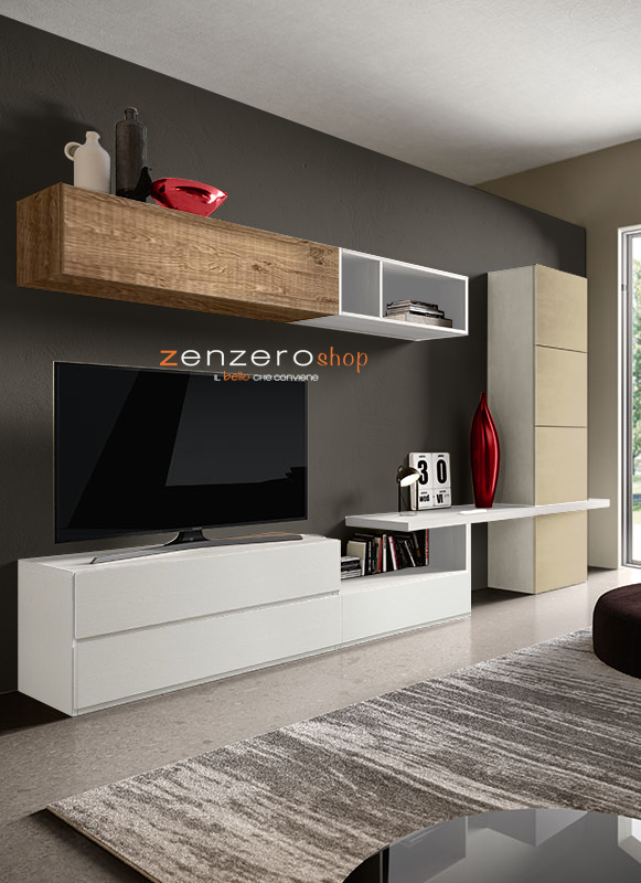 Parete attrezzata Harriot in finitura Bianco frassinato, Rovere nodato e Terra opaco