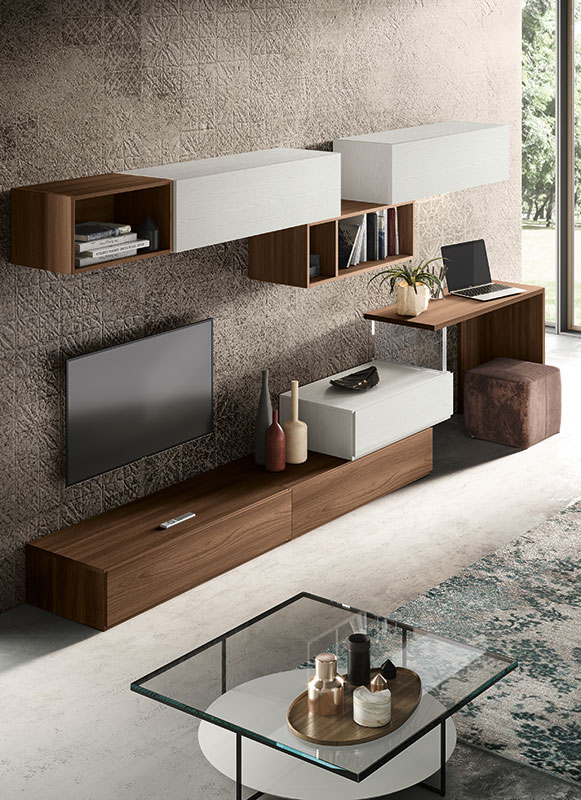 Soggiorno moderno Trifida con parete attrezzata e appendiabiti in finitura Bianco frassinato e Quercia brown