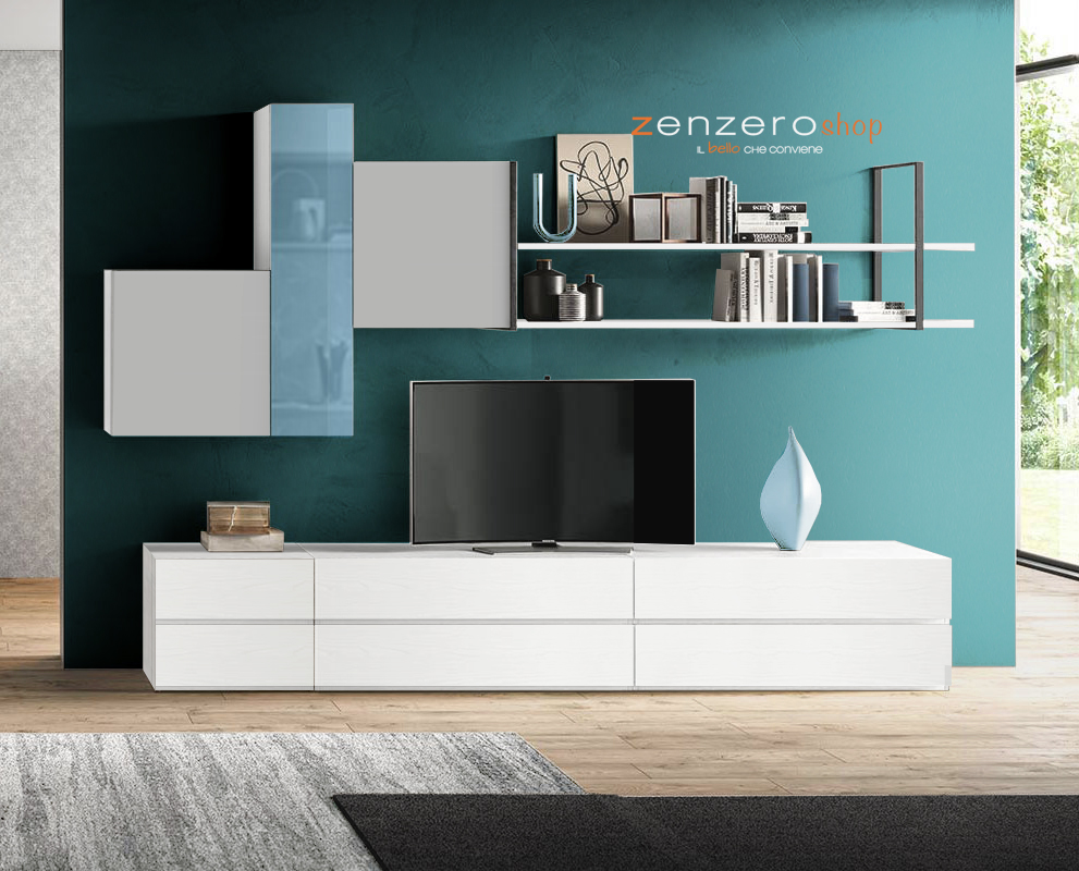 Parete attrezzata Perwana in finitura Frassinato bianco, Grigio opaco e Vetro azzurro