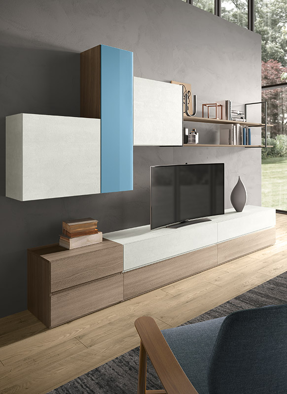 Soggiorno moderno Carena con parete attrezzata e libreria  in finitura Olmo, Bianco calce e Vetro azzurro