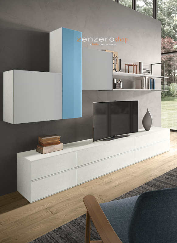 Parete attrezzata Perwana in finitura Frassinato bianco, Grigio opaco e Vetro azzurro