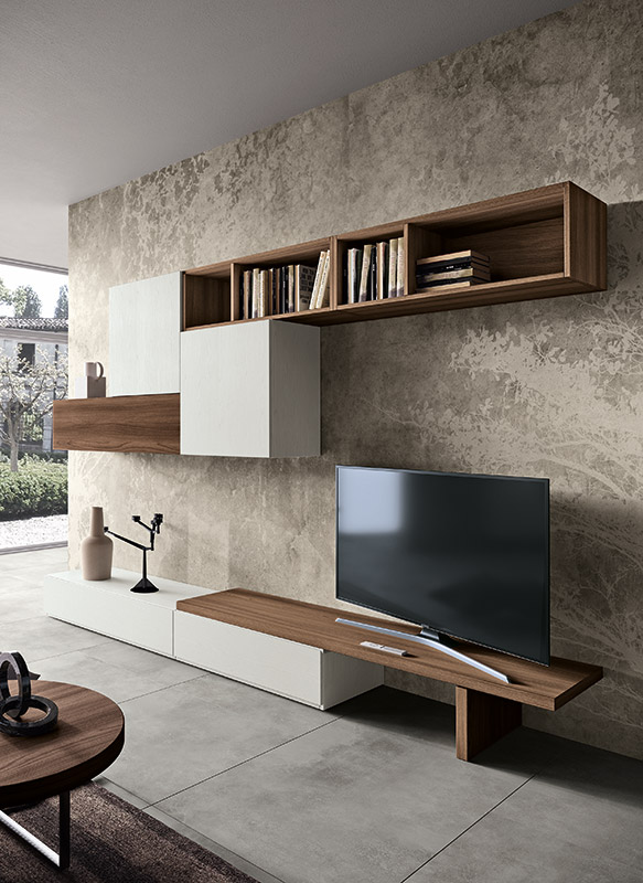 Parete attrezzata Kepler-438 in finitura Bianco frassinato e Quercia brown