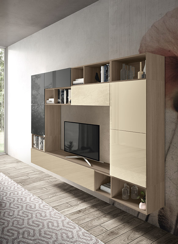 Soggiorno moderno Bolla con parete attrezzata e ingresso