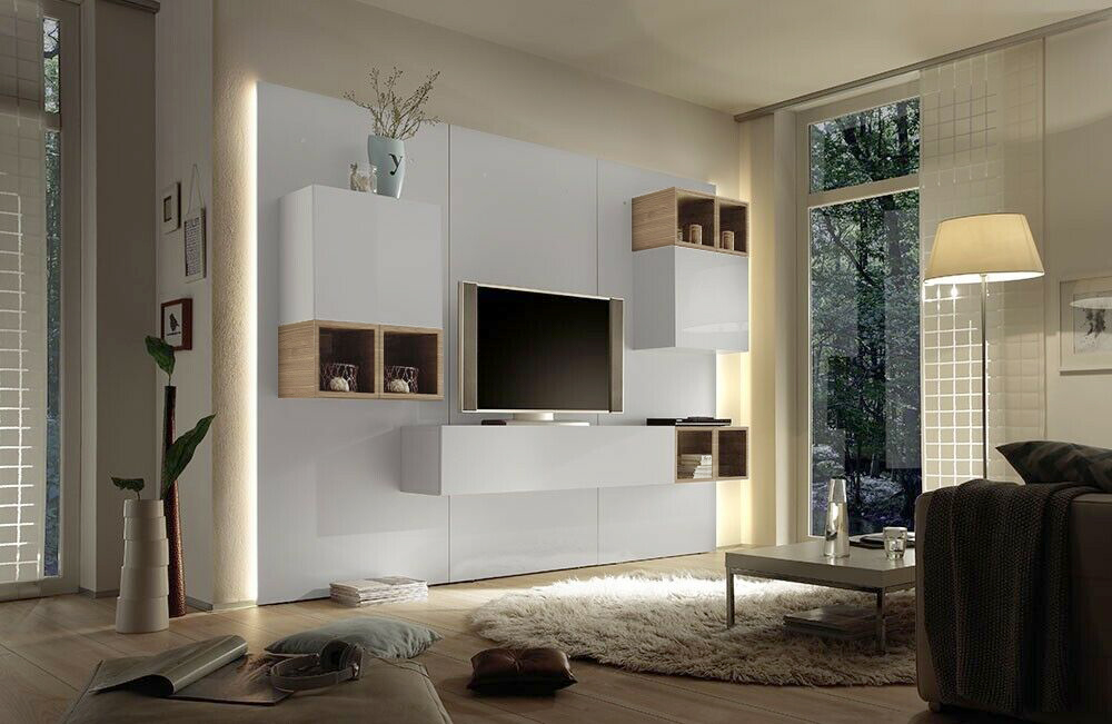 Soggiorno Zenzero, parete attrezzata moderna di design, in Noce Stelvio e laccato bianco - 270x180 cm