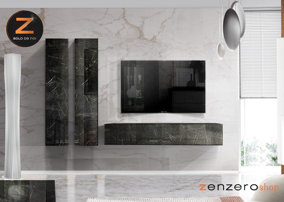 Parete attrezzata effetto marmo nero lucido con pensili e ribalta