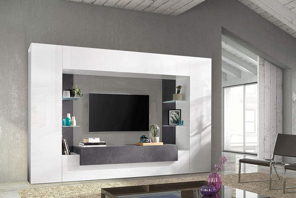 Parete attrezzata moderna, con pensile vasistas, mensole in vetro, finitura bianco lucido e ardesia