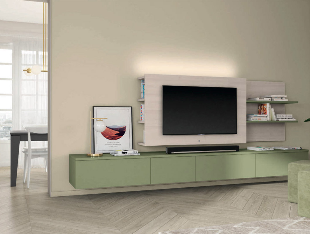 Parete attrezzata con pannelli attrezzati in finitura Noce brina e Oliva