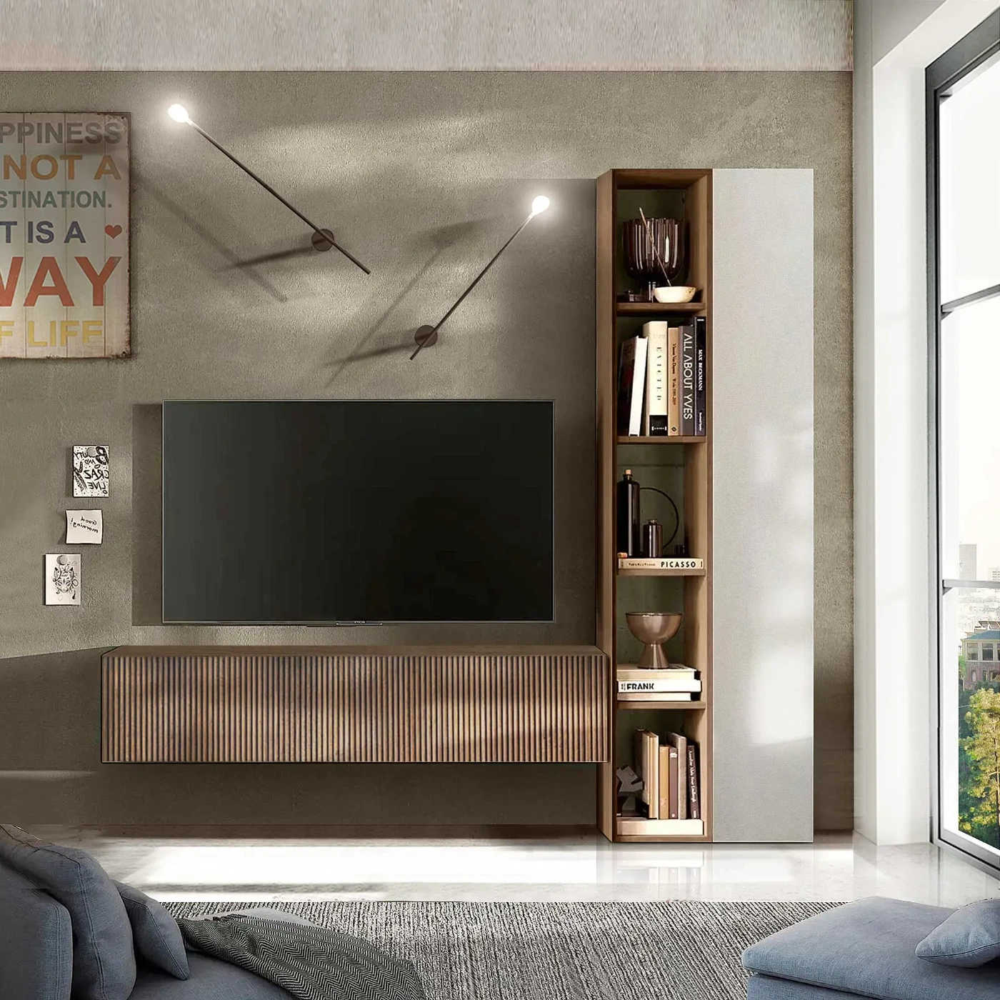 Acquista ora Design parete attrezzata soggiorno L.195 cm, Mercure cannettato e Gesso, collezione Logica