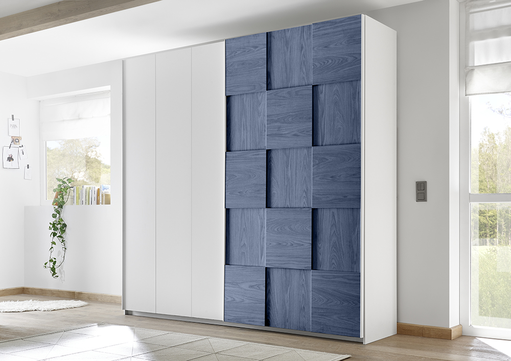 Camera completa con letto blu in tessuto imbottito con armadio Miss H.230