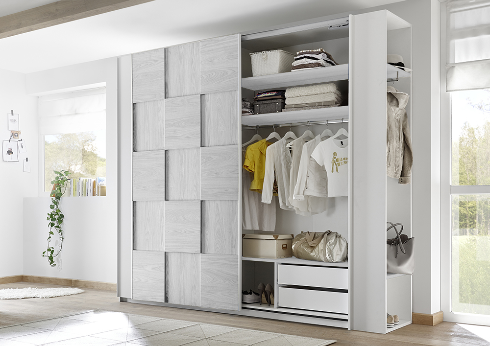 Camera completa con letto grigio in tessuto imbottito con armadio Miss H.230