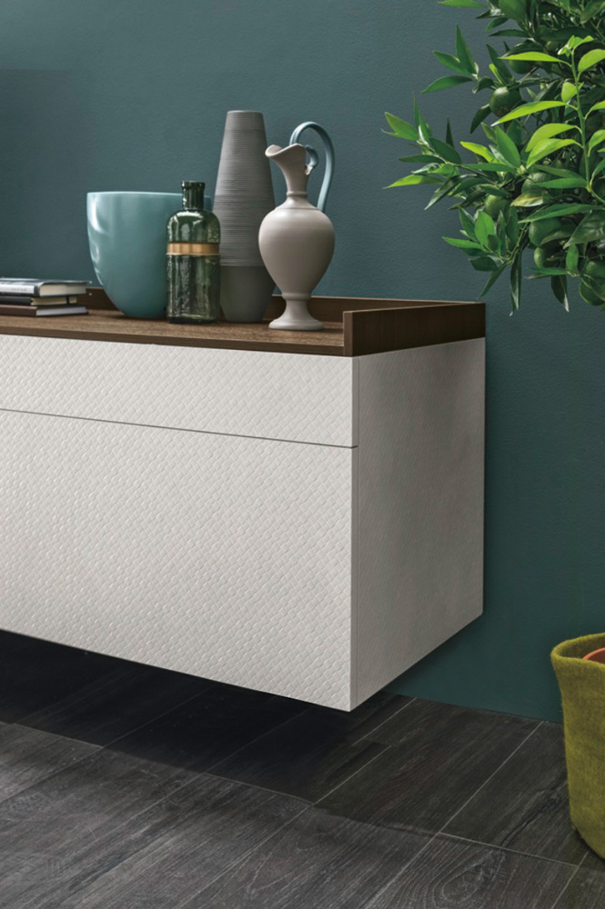 Madia moderna sospesa con cassetti, finitura Intreccio chiaro e Rovere termocotto