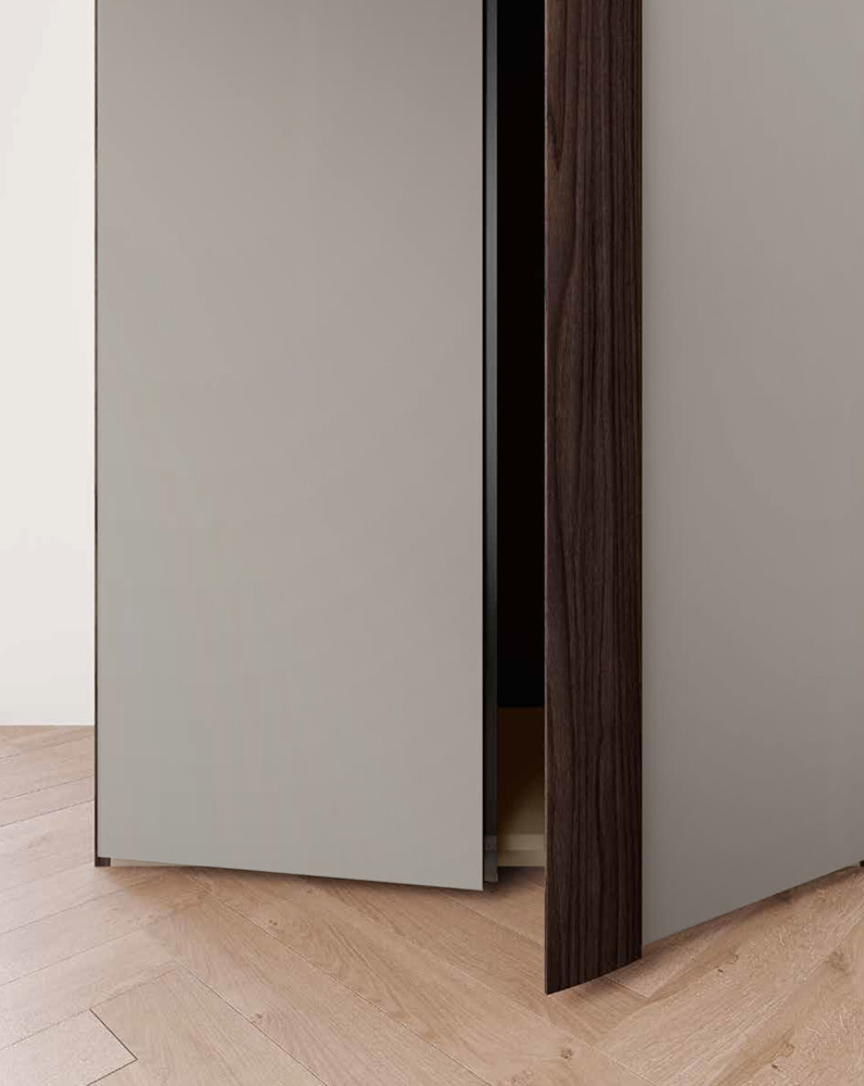 Armadio con vano Tv, 6 ante battenti e 3 cassetti in Grigio seta e Noce moro