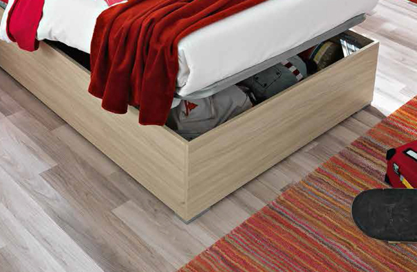 Letto singolo Alberto con contenitore, finitura Betulla e Turchese