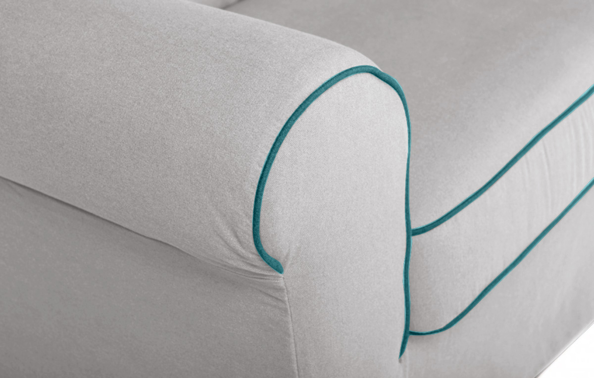 Divano 3 posti, stile retrò Arera, sfoderabile, colore grigio con filetto verde smeraldo, made in Italy
