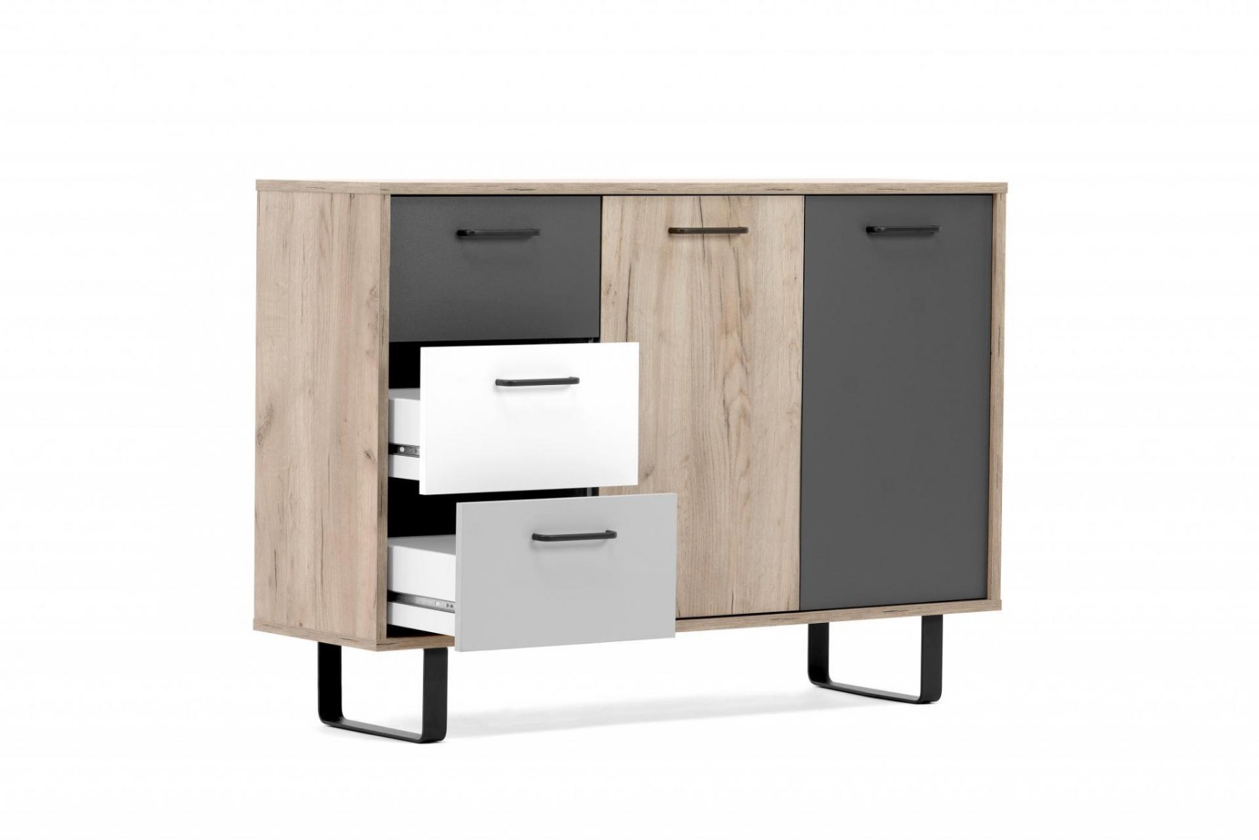 Madia Lappo con gambe in metallo, 2 ante, 3 cassetti, finitura Quercia, Bianca, Grigio e Antracite L 120