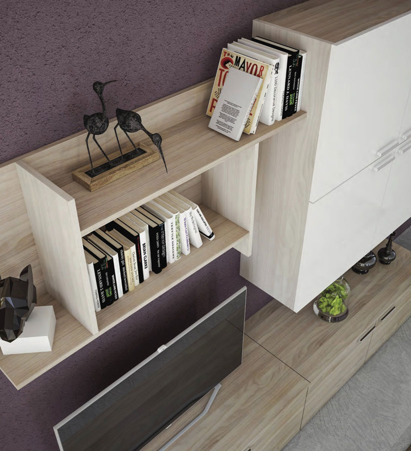 Parete attrezzata finitura Olmo perla con frontali Bianco Lucido, made in Italy