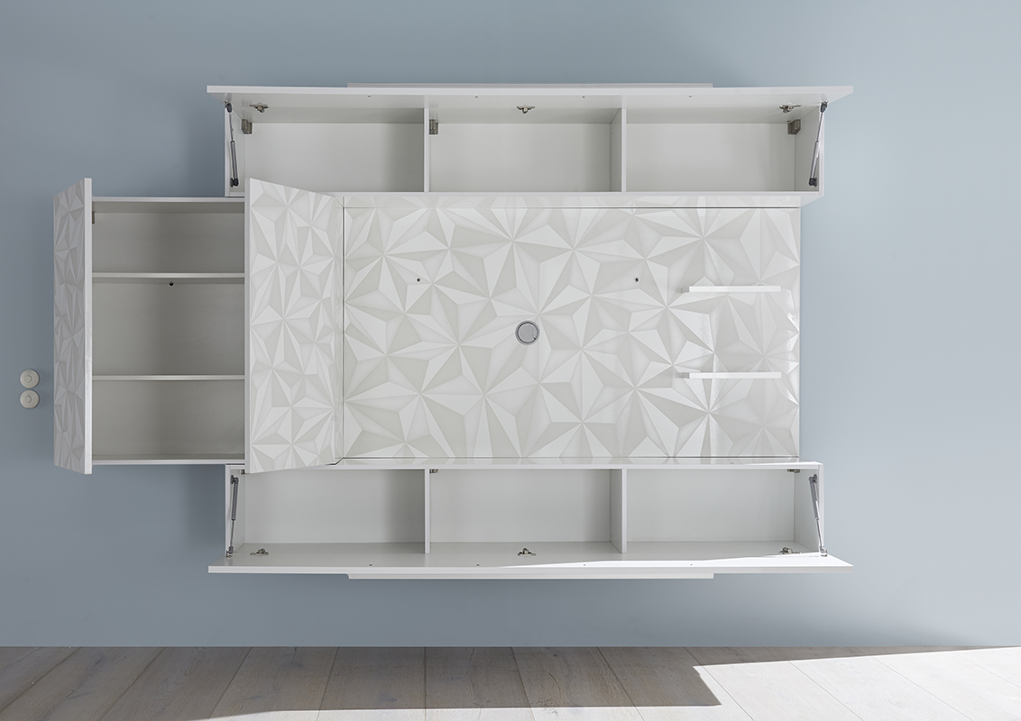 Parete attrezzata moderna con contenitore a parete Bianco Laccato Lucido serigrafato