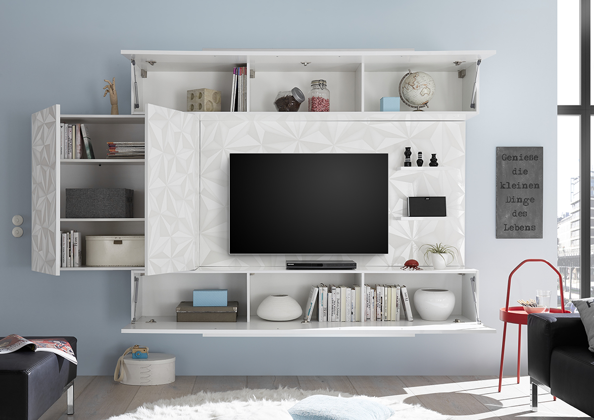 Parete attrezzata moderna con contenitore a parete Bianco Laccato Lucido serigrafato