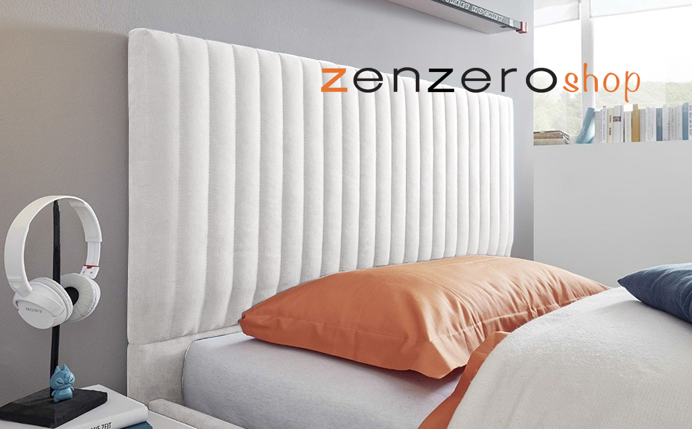 Letto matrimoniale Vertigo in ecopelle bianca CON CONTENITORE, testata a righe