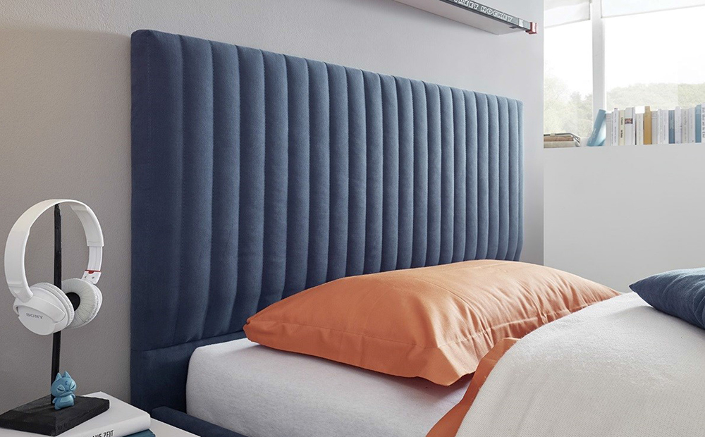 Letto Vertigo singolo, blu in tessuto imbottito 90x200 testiera righe