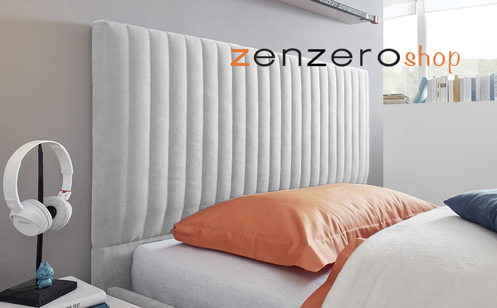 Letto singolo Vertigo grigio in tessuto imbottito, testiera righe