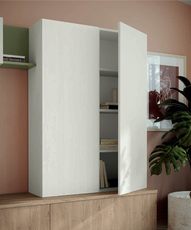 Parete moderna soggiorno, finitura Rovere bianco, Royal oak e Oliva