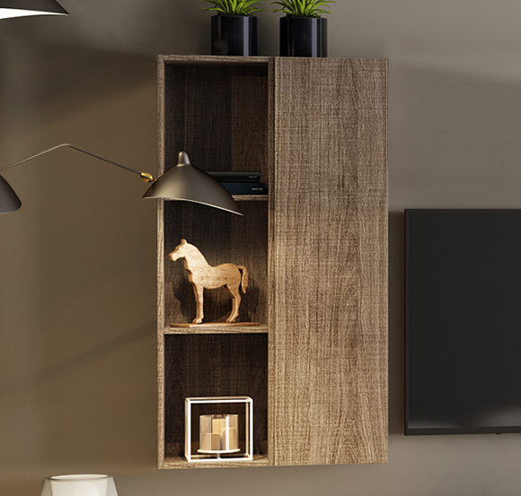 Soggiorno Zenzero, parete attrezzata con pensili olmo e pensili bianchi