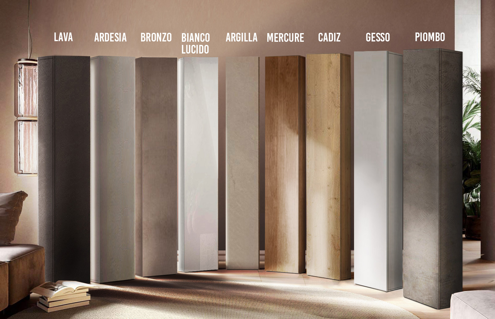 Colonna stretta H.186 cm a terra, disponibile in diverse finiture Made in Italy 