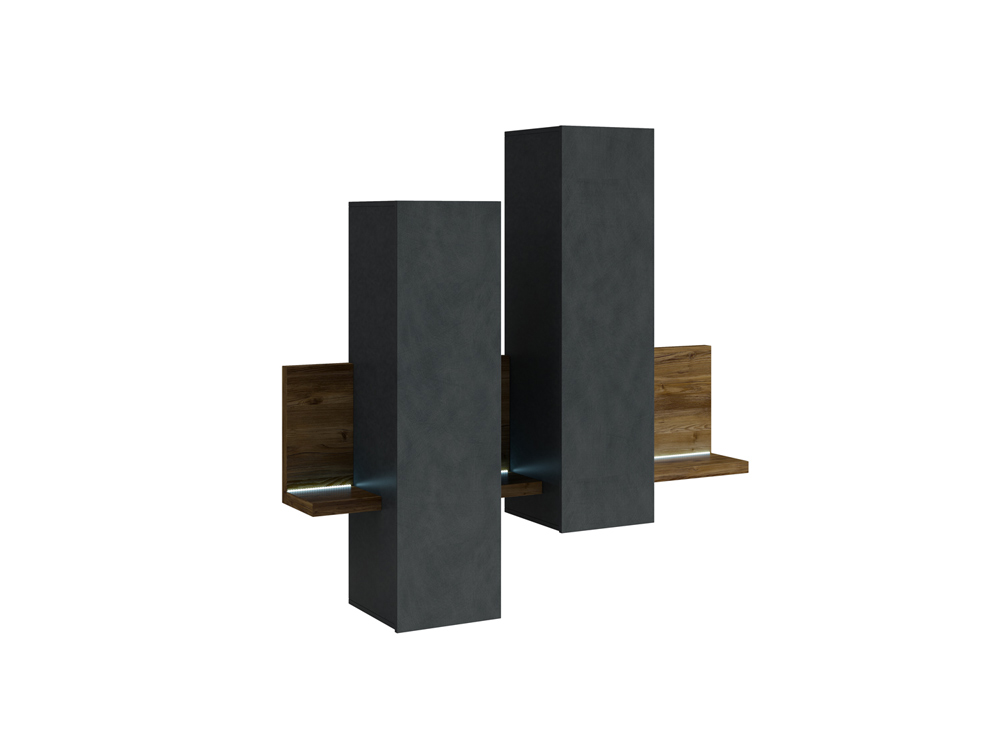 Parete attrezzata completa, finitura antracite spatolato e noce