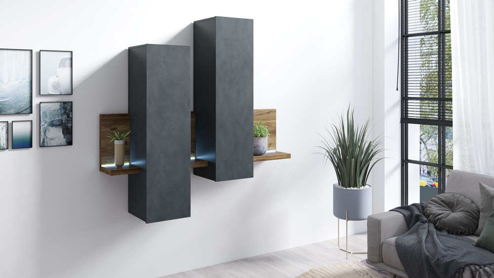 Modulo di design formato da una mensola e 2 pensili verticali