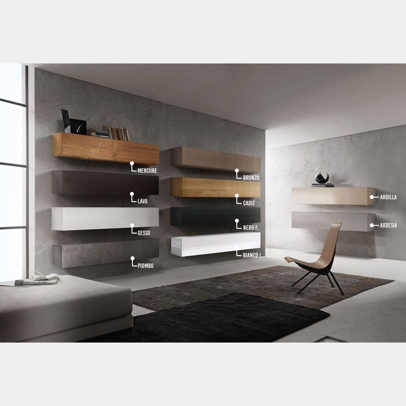 Ribalta sospesa in diverse finiture per parete attrezzata