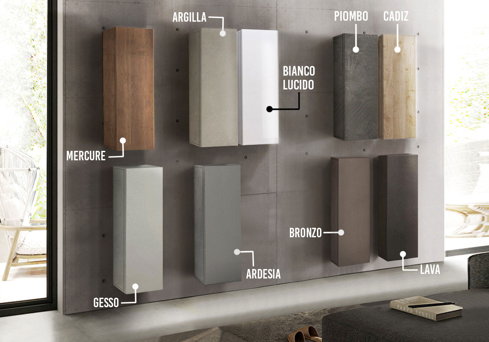 Pensile verticale L.29 cm stretto ad un'anta, disponibile in diverse finiture, Made in Italy