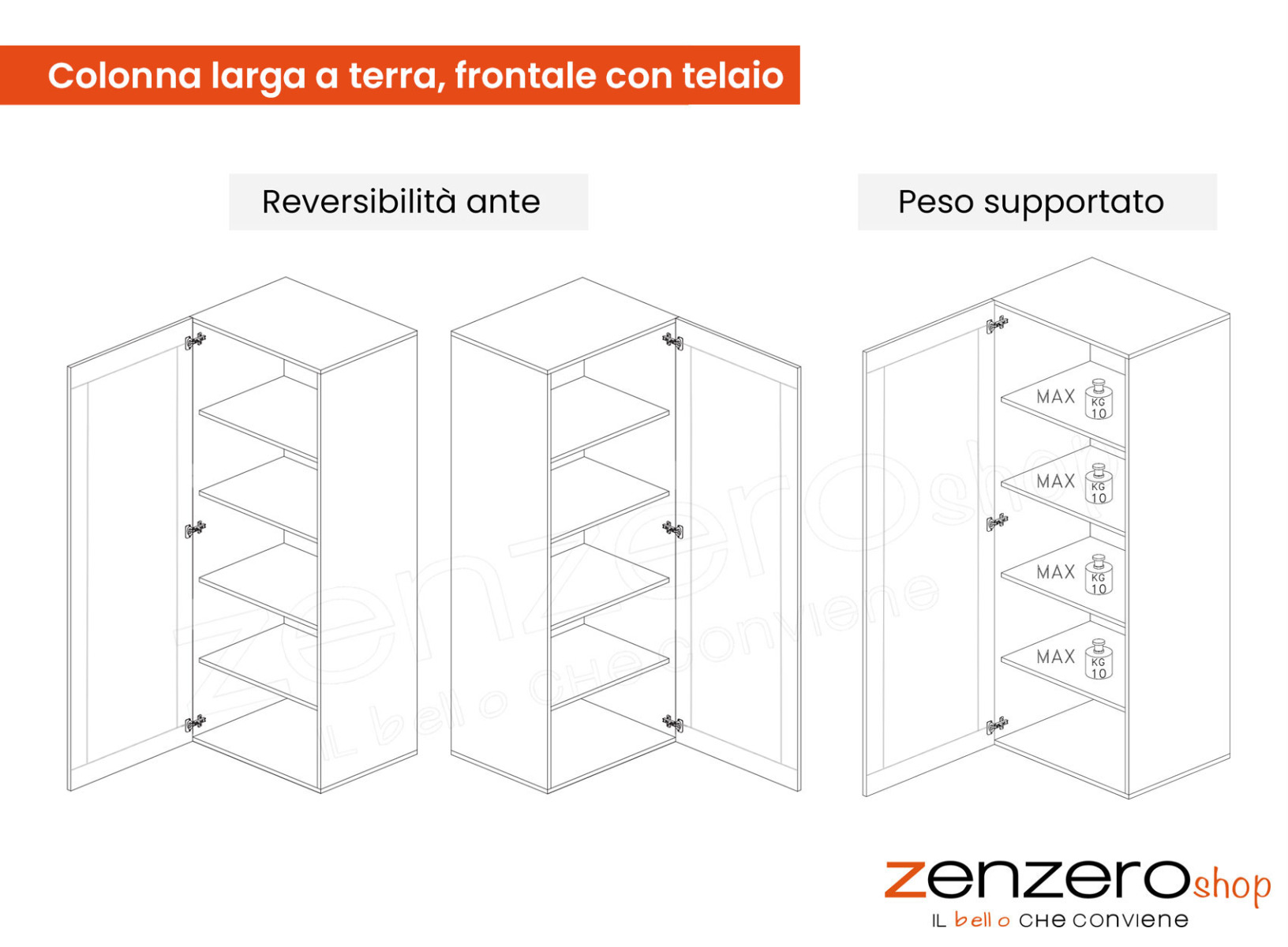 Elegante Colonna larga a terra ad un'anta, frontale con telaio