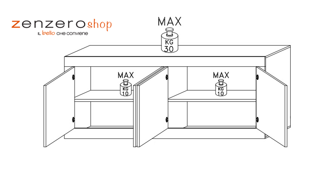 Credenza Moderna, Madia Bianca Lucida con 4 ante in finitura Pero